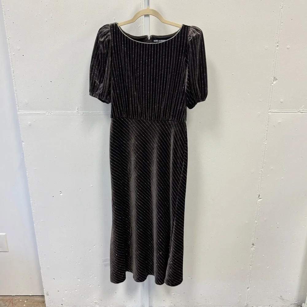 Karl Lagerfeld Paris Velvet Pinstripe Rhinestone Midi Maxi Dress Brown 8 Holiday